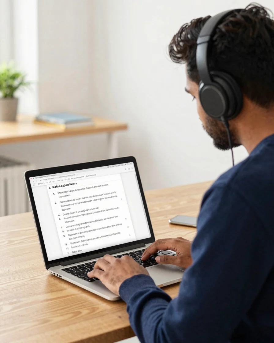 Indian adult student wearing headset during focused online study session, laptop displaying German grammar structures, m
